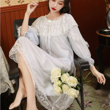 Femme Dentelle Chemise de Nuit Vintage Ruche Lolita Épaule Découverte Nuisette