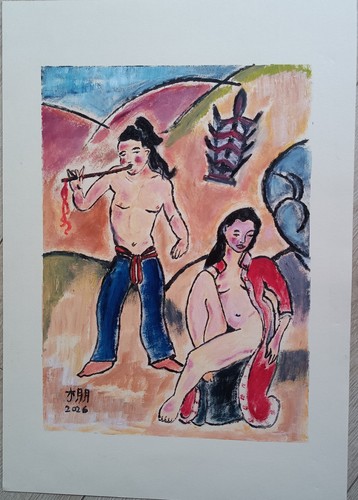 Tableau exotique huile signé - exotique,