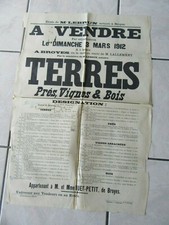 AFFICHE 1936 ENCHERES TERRES PRES VIGNES BOIS A BROYES MARNE