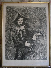 ?? ANCIEN GRAVURE LITHO CADRE TABLEAU ŒUVRE SIGNÉE NUMEROTEE PIERROT MUSICIEN