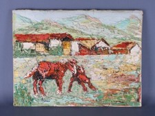 Carré Matériel Peinture Huile sur Toile Paysage Avec Chevaux Vintage Moitié ‘900