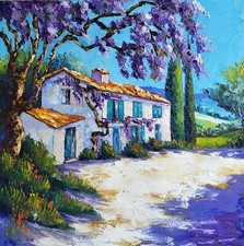 Grande toile peinte par Nolac 50X50 cm  "Mas aux glycines" au couteau