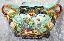  ANTIQUE FRENCH ONNAING  MAJOLICA JARDINIERE / PLANTER BOY WHEELBARROW FLOWER