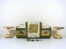 Énorme pendule art déco française marbre garniture plaques peintes argent doré signée