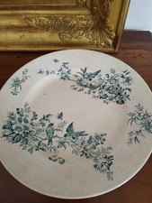 Plat rond creux Fayence Longwy Modèle Mignon Décor Floral Oiseaux Abeilles bleus