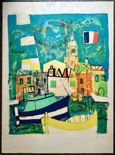 AIZPIRI Paul Lithographie Originale Bateaux Port Saint Tropez Signée Numérotée