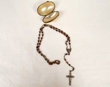Chapelet croix crucifix étui oeuf nacre Lourdes perles oeil-de-tigre XIXème