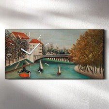 Horloge murale sur toile 60x30 ville rivière bateaux arbres henri rousseau