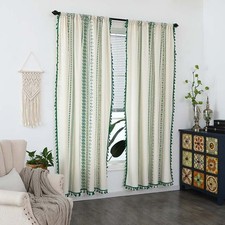 Rideau en lin de coton vert à motif tribal avec bordure à pompons