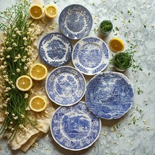 6 Mismatched Blue & White Plates | Vintage Transferware Dinnerware Set