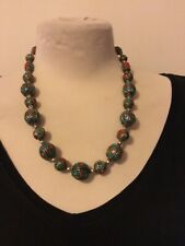 Collier perles cloisonnées argenté corail turquoise berbère en TBE.
