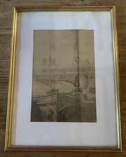 Dessin Ancien Au Crayon Vue Des Quais Paris  Original Antique Drawing