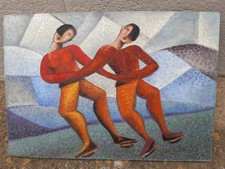 Tableau Ancien HUILE sur TOILE CUBISME, Art déco "Les patineurs " signé HERBIN