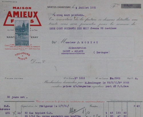 Facture 1931 nantes chantenay - 1931,