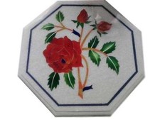 12 " Incrustation Pierre Floral Travail Blanc Coin / Côté Marbre