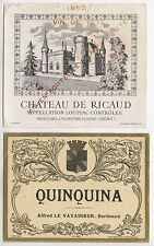 LOUPIAC 1952 ÉTIQUETTES VINS CHÂTEAU DE RICAUD & QUINQUINA VIN DE TÊTE 