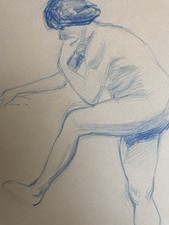 Ancien Nu Dessin Crayon Sur