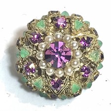 Ancienne Broche Dôme Orné De Cristaux Verts Et Améthystes