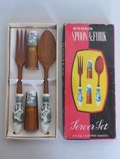 Fourchette Cuillère Salière Poivrière Salade Bois Vieux Vintage Teck ? Ovp