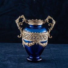 Antique French Cobalt Blue Vase with Bronze Ormolu and Handles