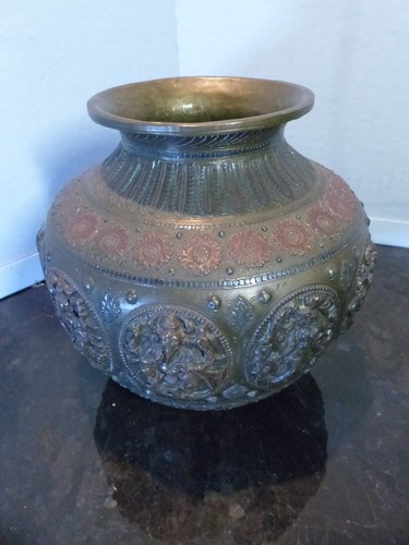 Vase lota indien bronze gravé - vase,