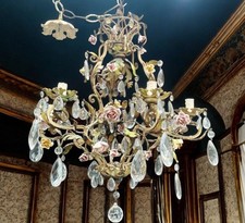 Lustre vintage en cristal et en faïence - 7 lumières, élégant