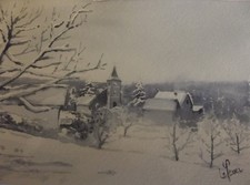 Petite aquarelle originale signée  pour noël ou bonne année "Village enneigé"