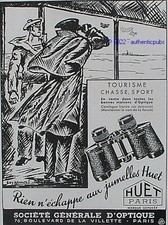 PUBLICITE HUET JUMELLES STE GENERALE OPTIQUE TOURISME CHASSE SPORT DE 1936 AD