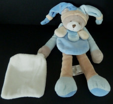 5. DOUDOU ET COMPAGNIE OURS MOUCHOIR bleu beige mouchoir blanc Poudré TTBE