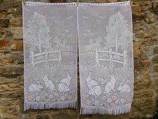 French pair white pastel curtains lace rabbit floral  motif  24'' x 48'' of each