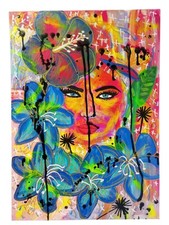 Tableau Abstrait  Coloré  Portrait visage Street Art Fleur Naïf Femme Fait Main