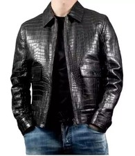Men’s Real Leather Crocodile Embossed Biker Jacket – Black Alligator Pattern