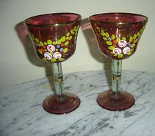 ANTIQUE HAND PAINTED CRANBERRY DECORATIVE ART GLASSES