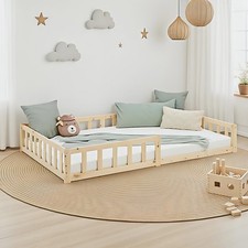 Cadre de Lit Enfant Montessori au Sol 120x200 Barriere Bois Lattes Homestyle4u