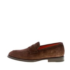 SANTONI chaussures homme Dark brown suede loafer with the classic penny bar