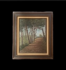 Tableau ancien huile paysage sentier chemin bord de mer pinède signé V. Manago