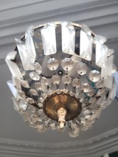 Paire Anciens Lustres à Pampilles, Plafonniers Montgolfière, Corbeille.