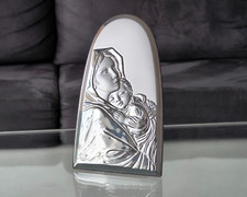 Icône Vierge Marie MATERNITÉ 7,87" Argent Religieux Bois Artisanat Christianisme