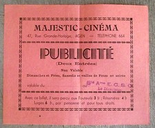 Publicité ancien  ticket cinema Majestic Cinema Agen billet deux entrées