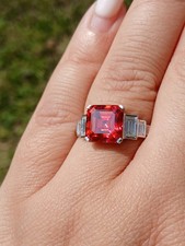 Bague Style Art Déco Pt 950 diamants moissanite rouge Taille Asscher 3,69cts 