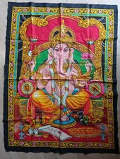 Ganesh Tenture indienne Batik  Fait main Inde sequins dorés cousus