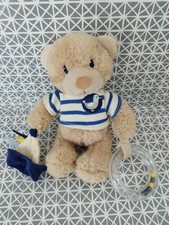Peluche doudou ours beige pull bleu rayé oiseau bateau anneau 20 cm Pommette