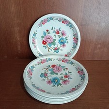 6 Grandes Assiettes Plates En Céramique De Tunisie, Décor Floral Rose Et Bleu