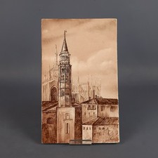 Carreau En Maiolica Peint Duomo De Milan Signé Rosella Vintage 1950