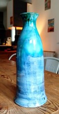 Jolie Bouteille Carafe En Céramique Émaillée Bleu Art Déco Signé 