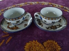 2 Tasses et 2 Sous Tasses anciennes Faience Gien Décor Renaissance Floral Coloré