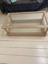 Table basse de salon rectangulaire bois cerisé blanc et verres à 2 plateaux