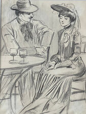 Grand dessin original tableau Belle Epoque 1900 terrasse Paris scène galante