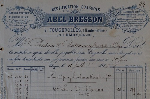 Facture 1878 absinthe - 1878, abel