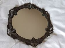 ART DECO - Miroir biseauté rond 40cm - fer forgé oxydé - feuilles + chaînette